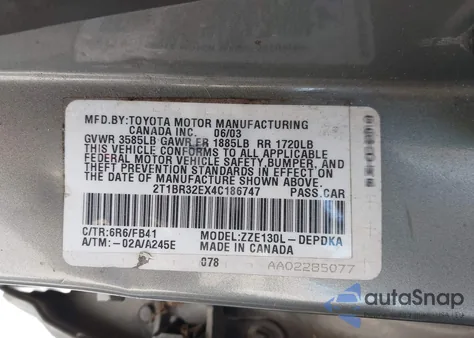 2004 Toyota Corolla Ce из США, поврежденный, VIN 2T1BR32EX4C186747